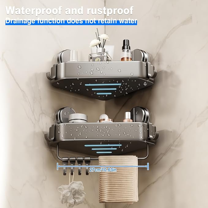 Mustorn Suction Cup Shower Caddy Corner, 2 Pack Suction Corner Shower Shelves No Drilling, Rustproof Shower Organizer Suction Cup with Towel Holder & Hooks Removable Bathroom Storage Rack(Gray)