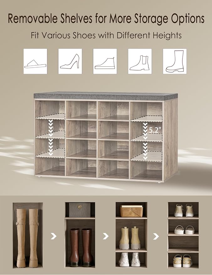 DINZI LVJ Shoe Storage Bench with Cushion, 16-Cubby Shoe Rack, Adjustable Shelves, Multifunctional Shoe Organizer Bench for Entryway, Mudroom, Hallway, Living Room, Bedroom and Garage, Greige