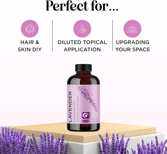 Pure Lavender Essential Oil - Lavender Oil for Hair Skin and Nails Plus Aromatherapy Diffusers Humidifiers Linens and Baths for at Home Spa Self Care - Premium Grade Non-GMO in Glass Bottle (4 Fl Oz)
