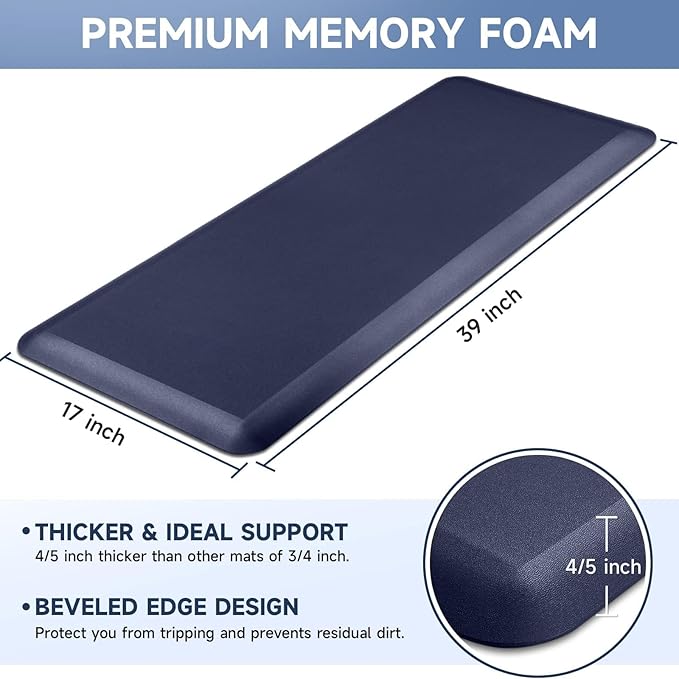 StepRite 4/5 Inch Thick Kitchen Mat Anti Fatigue Mat Kitchen Rugs Kitchen Decor Non-Slip, Stain & Water Resistant, Kitchen Mats Desk Mat for Kitchen, Office, Workshop, Blue, 17'' x 39''