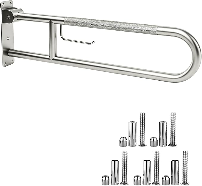 30.3 Inch Toilet Grab Bar, HUAS Brushed Nickel Anti Slip Bathroom Toilet Safety Rails, U Shaped Flip-Up Handicap Grab Bars w/Paper Holder, Stainless Steel Support Handrail for Elderly Disabled Senior