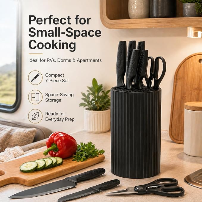 Small Knife Block Set, Modern Kitchen Knife Scissors with Universal Round Holder, Home Apartment New Kitchen Essentials, Space Saving, Dishwasher Safe(Black, 7PCS)