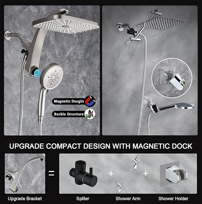 BOZYBO Rain Shower Head with Handheld: High Pressure Shower Heads with Handheld Spray Combo, 12" Rainfall Shower Head and 9 Sprays Hand Showerheads with Magnetic Docking and Power Jets, Nickel