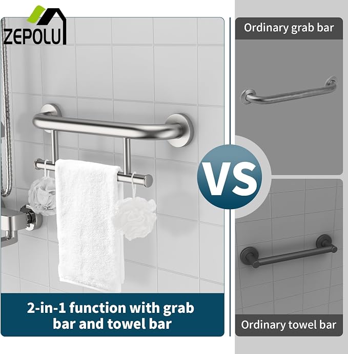Brushed Nickel Towel Rack Grab Bar Combo, Zepolu Stainless Steel Safety Balanced Assist Support Handle 17 Inch, 2-in-1 Handicap Towel Bar, Wall Mounted Towel Holder for Senior Elderly Disabled