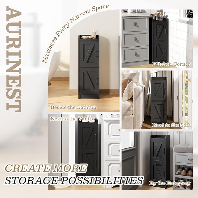 Narrow Bathroom Storage Cabinet with 2 Doors and Shelves, 9.8" W Small Storage Cabinet for Toilet Paper Storage, Slim Cabinet for Small Spaces, Bathroom, Kitchen, 9.8" W × 7.9" D × 29.5" H, Black