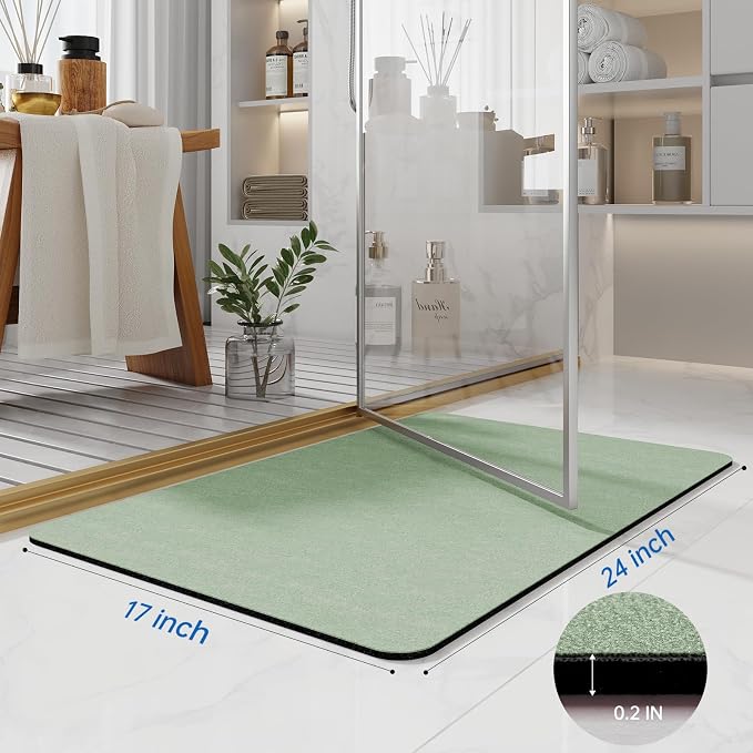 Bath Mat Rugs 24x17 - Diatomaceous Earth Bath Mat Quick Dry Absorbing Bathroom Rugs Rubber Non Slip Thin Bathroom Mat Fit Under Door, Bath Mats for Bathroom Floor, Tub and Shower, Sink, Sage Green
