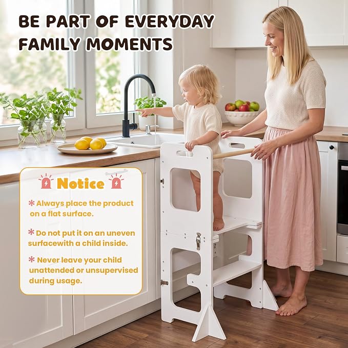 labebe Toddler Standing Tower for 12M+, Montessori Foldable Learning Standing Tower with Blackboard, Anti-tip Structure Design,Wooden Kitchen Step Helper Stool for 1-3 Year Old Boy Girl Gift (White)