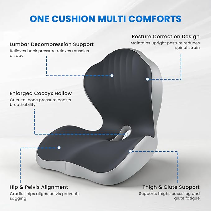 Ergonomic Seat Cushion for Tailbone Sciatica Lower Back Pain Relief, Gray L-Shaped Seashell Memory Foam Coccyx Hollow Cushion, 2-in-1 Lumbar Back Support Pillow for Office Gaming Car Chair