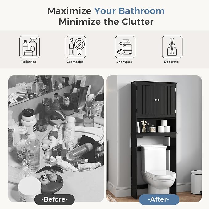 DUMOS Over the Toilet Storage Cabinet, Bathroom Storage Cabinet Over Toilets with Double Doors and Adjustable Shelf, Freestanding Toilet Rack for Bathroom, Black