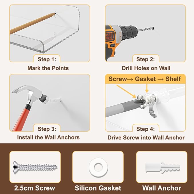 Qukaka Floating Shelves for Wall Decor, 15" Extra Clear Wall Shelves for Bedroom, Living Room, Kitchen, Bathroom Decor, Nail Polish/Book/Decoration/Makeup/Perfume Organizer Floating Shelf-3Pack