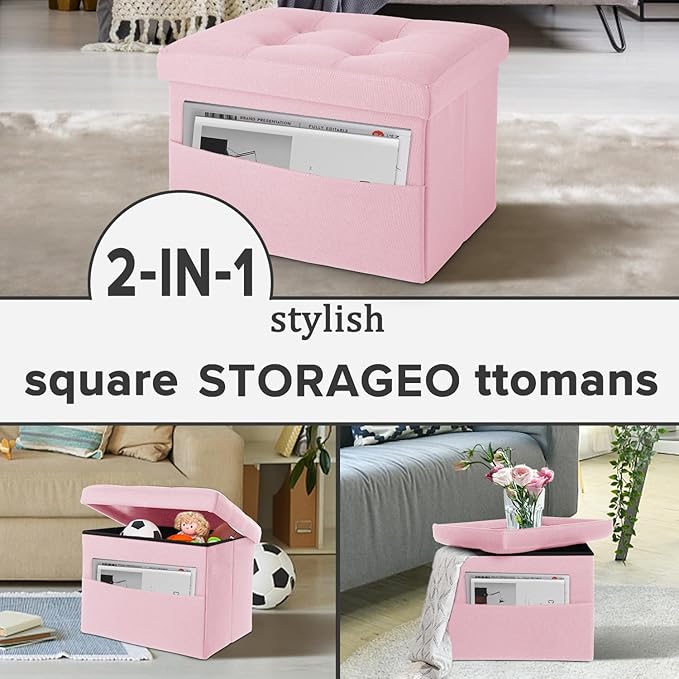 LINMAGCO Storage Ottoman Folding Foot Stool Foot Rest with Side Pocket Modern Ottoman with Storage Short Sofa Stool Linen Cloth 17x13x13(Pink)