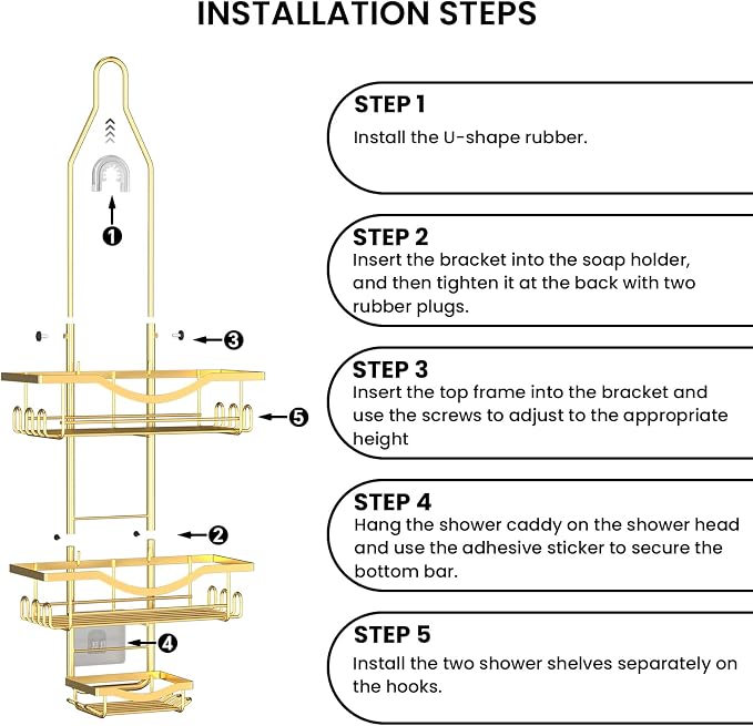 Shower Caddy Hanging Adjustable Shower Caddy, Rustproof Shower Organizer Extended Length Showers Caddy Over Shower Head with Hooks Soap Holder, Large Capacity Anti-Swing Bathroom Organizer, Gold