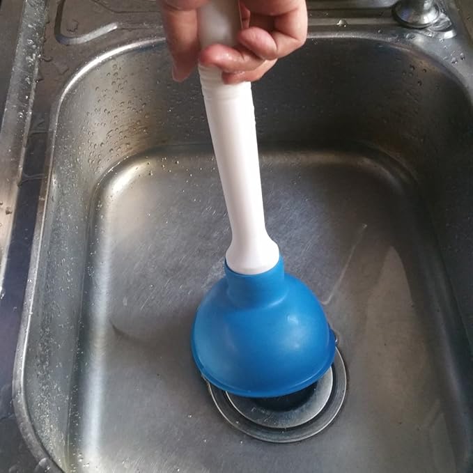 NewFerU Drain Plunger, Small Hand Force Plumber Helper, Little 4 inch Cup Clog Remover, Tiny Rubber Unclogger in 9" Short Handle for Kitchen Sink, Bathroom Toilet, Shower Bath Tub (Blue)