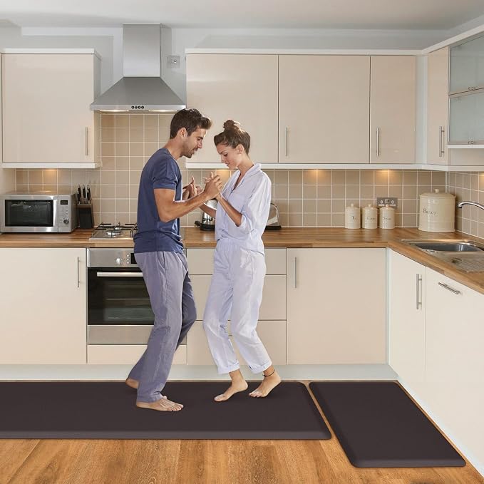 HappyTrends Kitchen Mat,17.3"x28"+17.3"x60" Chocolate, Cushioned Comfort Anti-Fatigue Waterproof Floor Mat Kitchen Rugs, Thick Perfect Ergonomic Foam Standing mat for Kitchen, Home, Office, Laundry