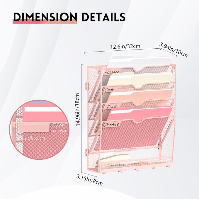 5 Tier Wall File Organizer - Hanging File Organizer with 5 Hooks, Mail Holder Wall Mounted for Papers, Folders, Magazines, Bills, Office&School Organization, Pink