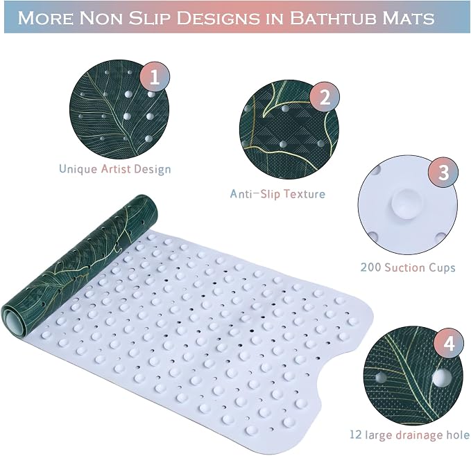 Palm Leaves Bathtub Mat Non Slip 40x16in Palm Leaf Extra Long Bath Mat for Tub Tropical Banana Leaf Plant Anti Slip Shower Mat for Bathroom with Large Drain Holes Suction Cups Quality Bath Mats Decor