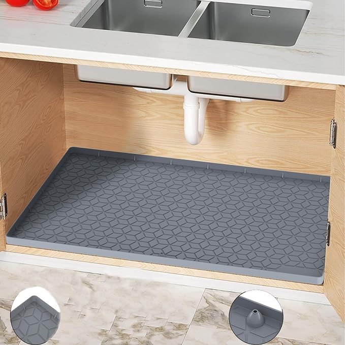 Under Sink Mats 34"x22" for Kitchen, Silicone Waterproof Liner, Sink Silicone Tray with Drain Hole, Storage and Organizers, Cabinet and Counter Protector,Litter Mat, Pet Cat Puppy Essentials