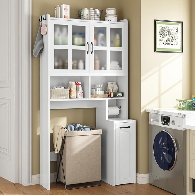 UPOSOJA Over The Toilet Storage Cabinet with Pulley Small Bathroom Storage Cabinet, Space Saver W/Adjustable Shelf & Glass Doors for Bathroom, Restroom, Laundry (Frosted Mirror-Type B)
