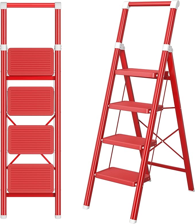 4 Step Ladder, DIAMONDFORGE Folding Step Stool with Wide Anti-Slip Pedal, Anti-Slip Feet and Handgrip, Sturdiest Steel Construction, Steel Ladder for Home, Red White