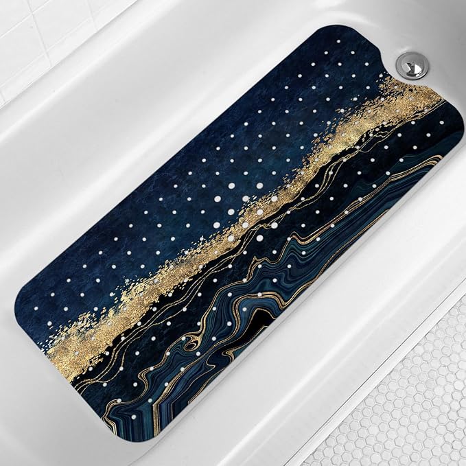 LNOND Marble Bath Tub Mat Non Slip, Extra Long 40 X 16 Inch Anti Slip Mat for Bathtub, Blue Luxury Marble Shower Mat with Drain Holes and Suction Cups, Machine Washable