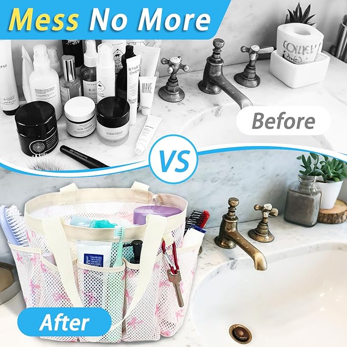 Fammart Mesh Shower Caddy Portable for College Dorm Room Essentials, Odorless Polyester Large Shower Tote Bag with Dual Handles, 8-Pocket Quick-Dry Toiletry Organizer for Travel, Beach, Camping, Gym