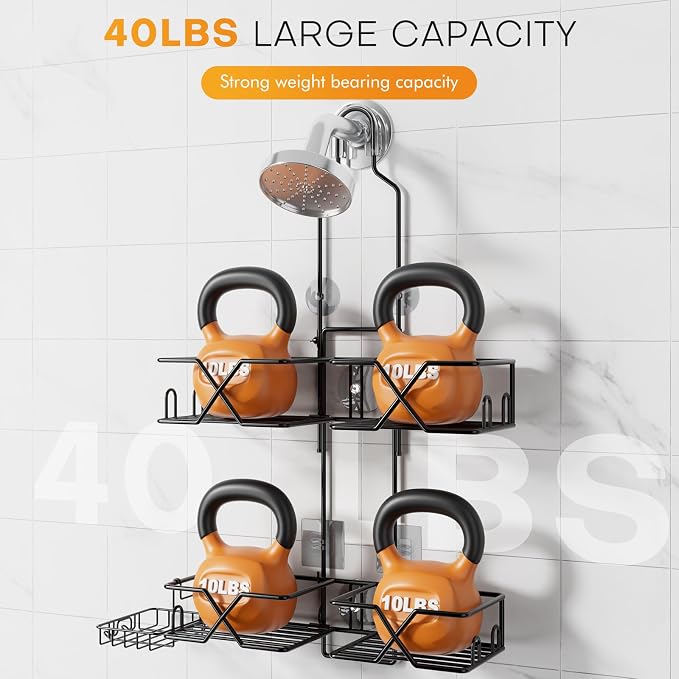 Adjustable Height Shower Caddy Hanging for Handheld Shower Heads, Shower Racks with Soap Holder 8 Hooks, No-Drilling, Anti-Swing, Bathroom Storage Shower Organizer