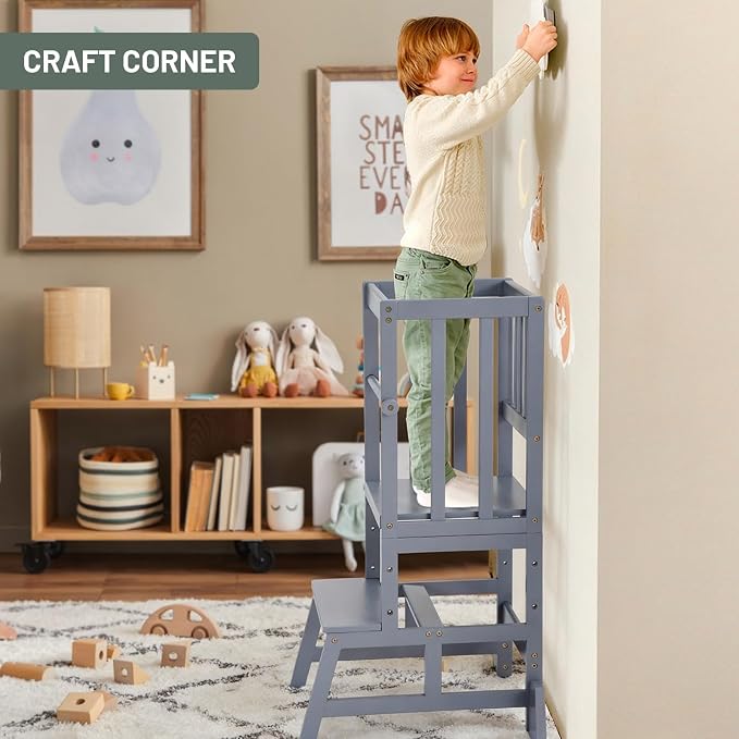 COSYLAND Toddler Standing Tower - Adjustable Height Toddler Kitchen Stool Helper - Kids Kitchen Step Stool for Learning with Removable Safety Railing Ash Gray