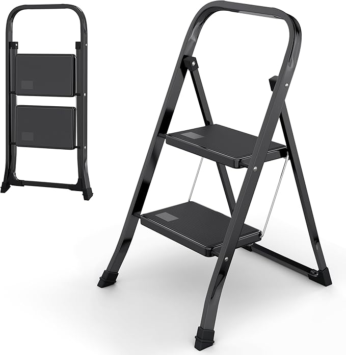 2-Step Ladder with Wide Anti-Slip Platform & Thick Rubber Feet | Heavy Duty Foldable & Portable | 330 lbs Capacity, Steel Frame, Rubber Handgrip, Folding Step Stool