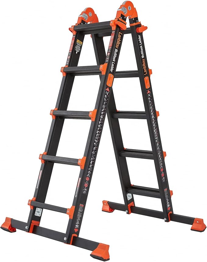 LANBITOU Ladder, A Frame 5 Step Ladder Extension, 17 Ft Anti-Slip Multi Position Ladder, Storage Folding Ladder, 330 lbs Security Load Telescoping Aluminum Ladders for Stairs Home Indoor Outdoor Roof