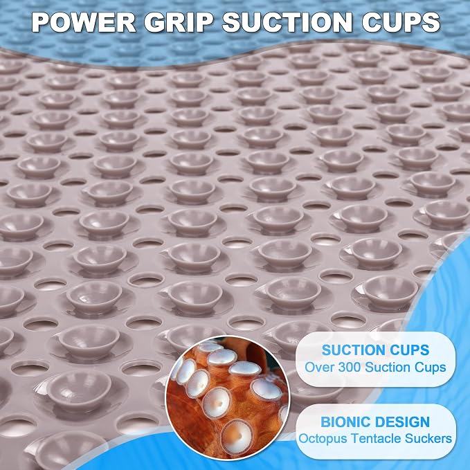 Bathtub and Shower Mats, 40x16 Inch Extra Large Non Slip Soft Bath Tub Mat with Suction Cups and Drain Holes for Bathroom Floor and Keep Tubs Clean, Machine Washable, Tan