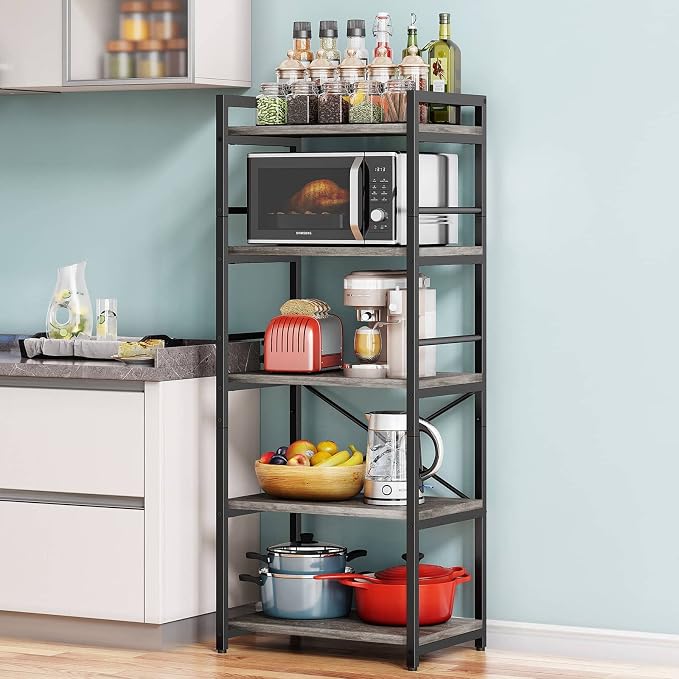 Denkee 5-Tier Bakers Rack for Kitchen with Storage, Industrial Microwave Stand Shelf, Coffee Bar for Small Spaces, Free Standing Kitchen Storage Shelf Rack, 23.62" L x 15.75" W x 60.24" H, Grey