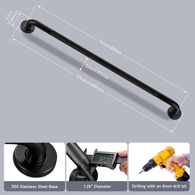 48 Inch Shower Grab Bar 1.25" Dia, 2 Pack Black Anti Slip Bathroom Grab Bar, 304 Stainless Steel Knurled Handicap Grab Bars, Safety Support Handrail,Bath Shower Handle for Elderly Injury Senior