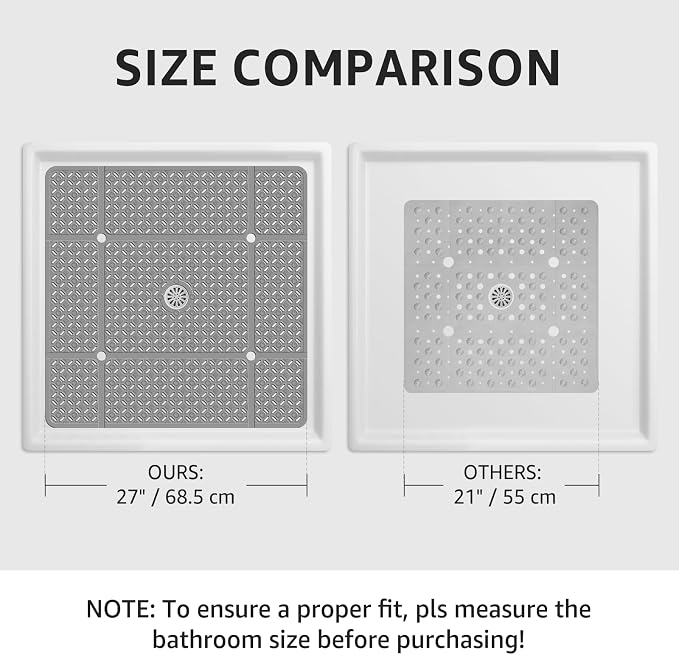 Yolife Square Shower Mat, 27" x 27" Large Shower Mat with Center Drain Hole, Soft TPE Non Slip Shower Mats for Inside Shower with Suction Cups, Anti Slip Washable Shower Floor Mat, Dark Grey
