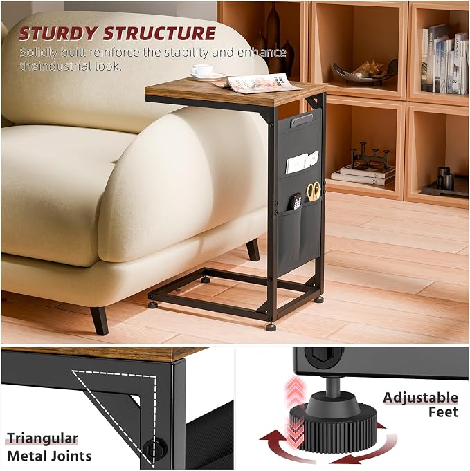 Simple Trending C Shaped End Table, Side Table TV Trays Set of 2 with Fabric Storage Bag, Couch Sofa Table for Living Room, Rustic Brown