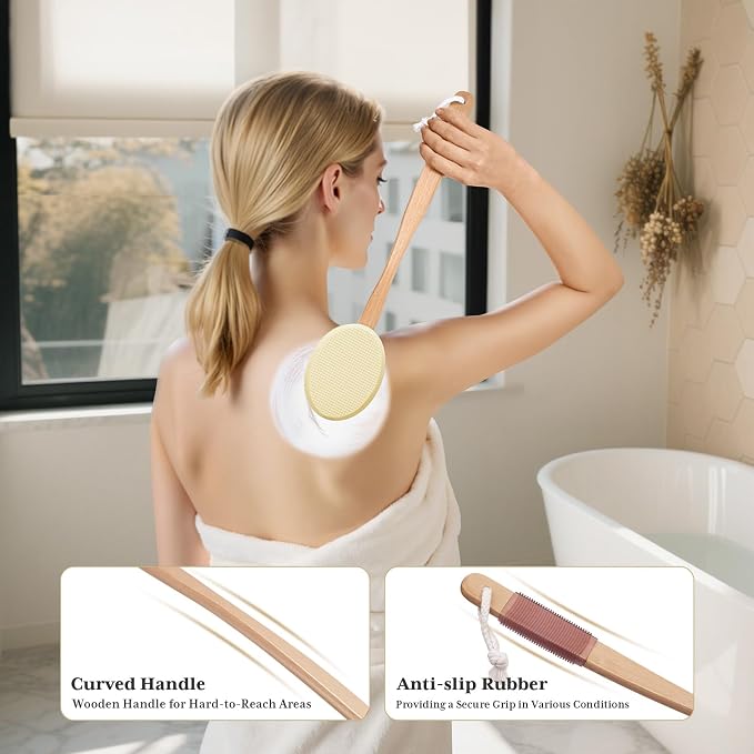AmazerBath Lotion Applicator for Back, Feet, 4 Replacement Pads with 17" Curved Handle, Back Sunscreen Applicator for Kids, Elderly, Apply Skin Cream Medicine Moisturizer Tanner, Light Beige Yellow