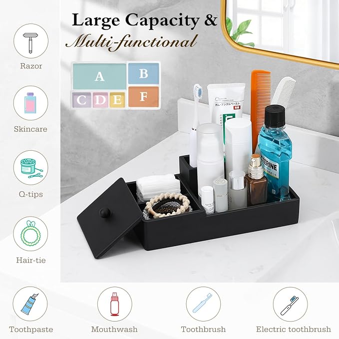 Luxspire Bathroom Counter Organizer, Marble Toothbrush Holder for Bathroom 6 Slot, Bathroom Vanity Organizer with Lid, Bathroom Organizer Countertop for Cotton Ball, Q-Tips, Floss, Matte Black