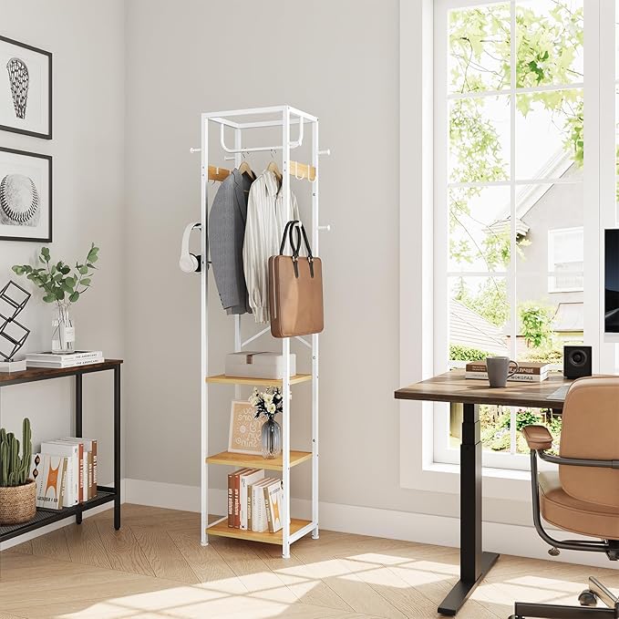ELYKEN Coat Rack Freestanding, Hall Tree with 3 Storage Shelves and 12 Hooks, Industrial Clothes Rack Stand Organizer for Bedroom, Hallway, Entryway, Office, Living Room