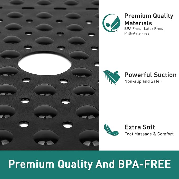 Large Square Shower Mat 27 x 27 Inch Black, Non Slip Shower Bathtub Mats for Inside Shower With Big Suction Cups Drain Holes, Anti Slip Bathroom Floor Shower Stall Mats, Easy Clean, BPA-Free