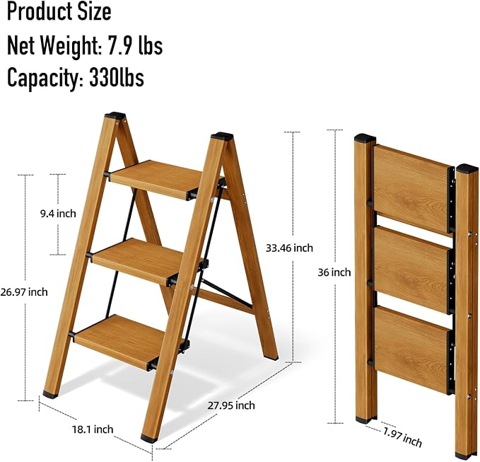 Mayi Plus 3 Step Ladder,Aluminum Folding Step Stool for Adults,Step Ladder with Wide Anti-Slip Pedal,330 lbs Capacity for Home,Office,Kitchen,Library(Woodgrain)