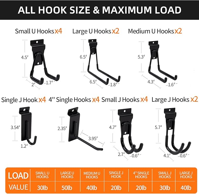 Slatwall Accessories 22 PCS Heavy Duty Garage Hooks Slatwall Panel Hooks Slat Wall Hanging Hook for Bike Ladder Garage Storage System Accessory Multi Size Utility