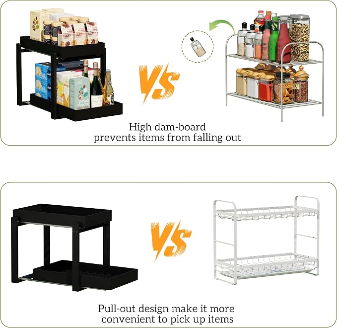 APRTAT 2 Pack Under Sink Organizer, Bamboo Wooden 2-Tier Pull-Out Storage with Sliding Drawers for Kitchen and Bathroom Cabinets, Easy Installation (Black, 2 Packs)