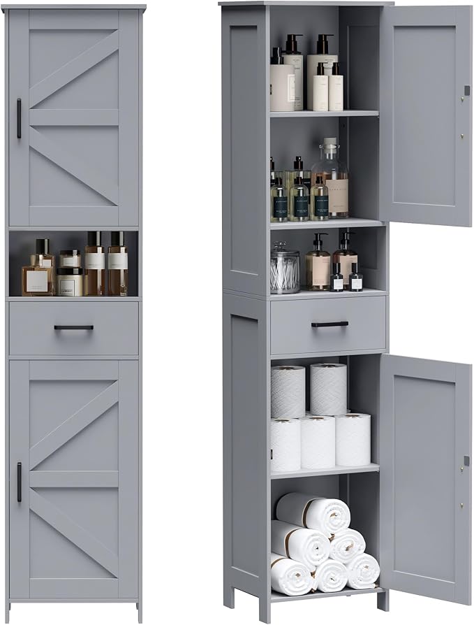 Homhedy 67" H Tall Bathroom Storage Cabinet with 2 Barn Doors and 1 Drawer, Narrow Storage Unit, Adjustable Shelves, Floor Cabinet for Bathroom, Living Room, Entryway, Kitchen, Gray, (15.7" W)