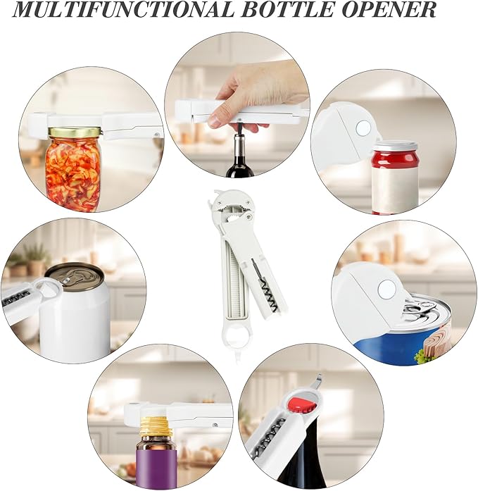 Jar Opener for Seniors with Arthritis, 7 in 1 Bottle Opener and Wine Corkscrew, Easy Grip Kitchen Gadget for Weak Hands Elderly, Retractable Jaw Lid Opener with Magnetic Storage (White)