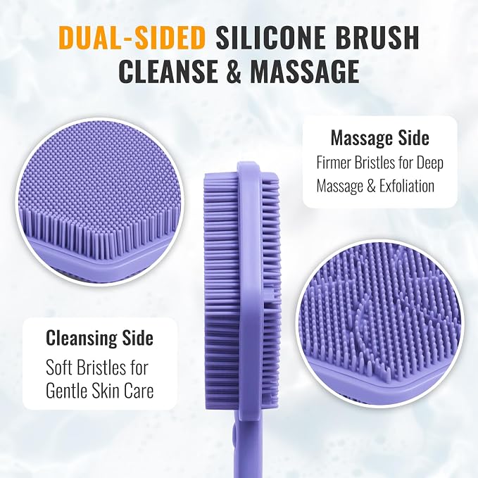 AIMAIAIMAI Silicone Back Scrubber for Shower – 21in Extendable Shower Brush with Long Handle – Dual-Sided Back Brush with Non-Slip Grip, Gentle Cleansing & Exfoliation for Men, Women, Elderly (Purple)