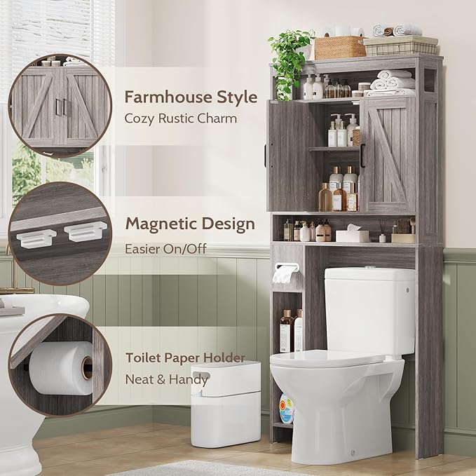 Over The Toilet Storage Cabinet with 2 Barn Doors & Built-in Toilet Paper Holder, Farmhouse Space-Saving Organizer for Bathrooms and Laundry Room, Grey