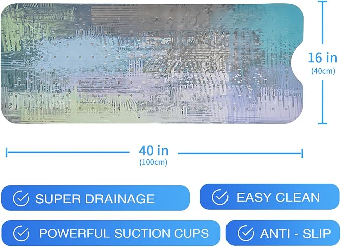 Turquoise Bathtub Mat Non Slip 40x16in Extra Long Anti Slip Bath Mat for Tub Modern Tub Mat Abstract Art Bath Tub Shower Mat with Large Drain Holes and Suction Cups Textured Quality Bathroom Decor