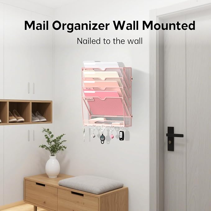 5 Tier Wall File Organizer - Hanging File Organizer with 5 Hooks, Mail Holder Wall Mounted for Papers, Folders, Magazines, Bills, Office&School Organization, Pink