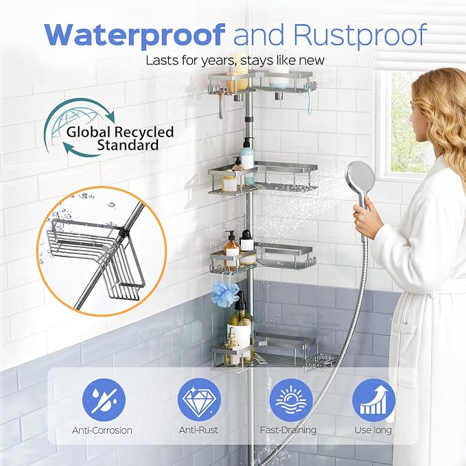 HAMITOR Shower Caddy Tension Pole: 4-Tier Corner Bathroom Organizer Shelf with Soap Holder & Hooks - No-Drill Adjustable Standing Storage Rack for Apartment Renters - 47-123 Inch Silver Gray