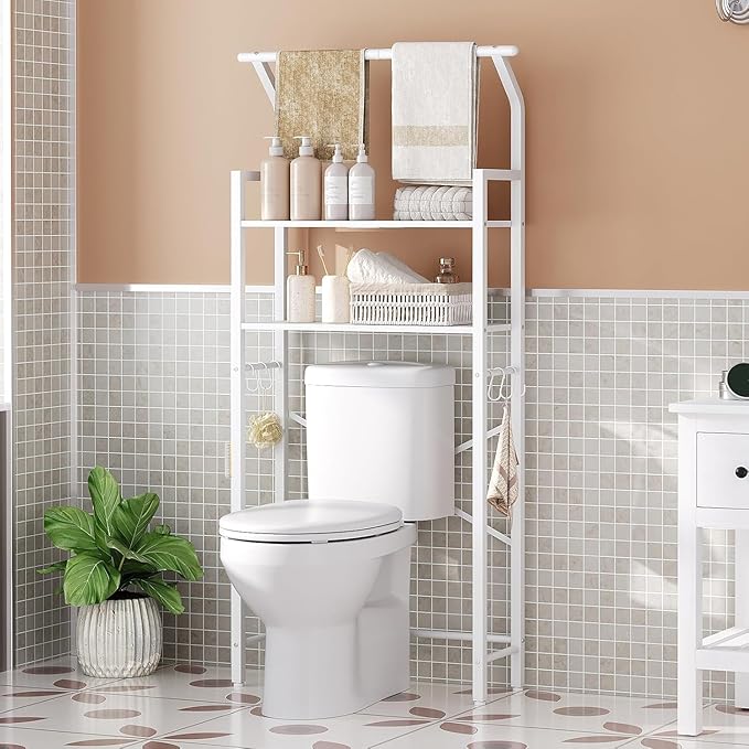 YATINEY 2-Tier Over The Toilet Storage, Multifunctional Vertical Over Toilet Bathroom Organizer, Freestanding Bathroom Storage Shelves with Hooks, Bathroom Organizer, Rustic Brown and Black TR01WT