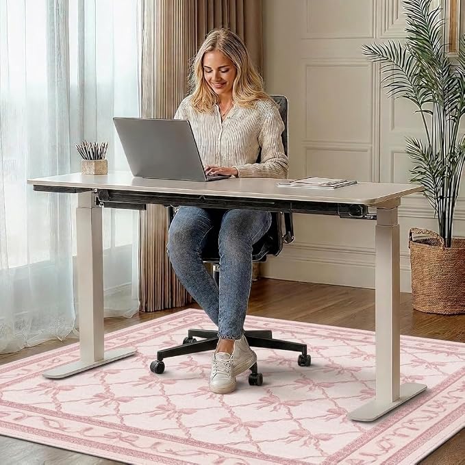 48"x72" Office Chair Mat for Hardwood Tile Floor, Under Desk Carpet Protector for Rolling Computer Chair Mat, Machine Washable Area Rug, Anti-Slip 1/5" Thick Low Pile Thin Vinyl Floor Mat, Baby Pink